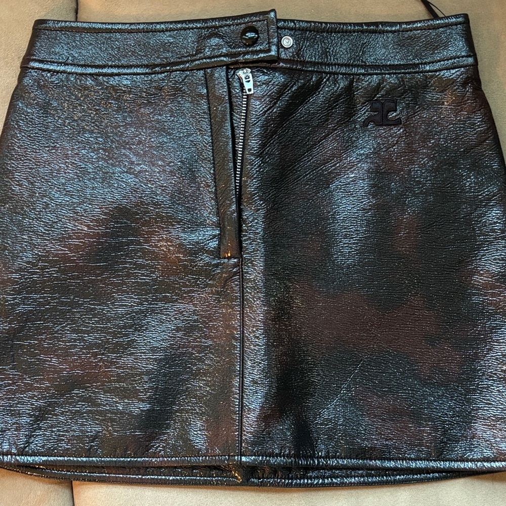 Glossy Black Faux-Leather Mini Skirt with Front Zip